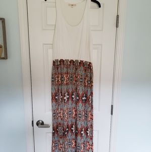 White top and multi-colored skirt maxi